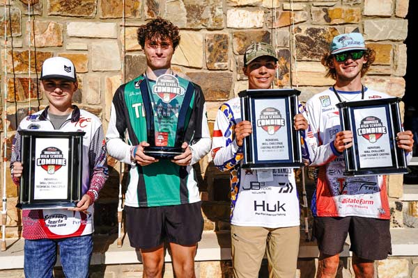 Eli French of Lucedale, Miss., (Technical Challenge), Joe McNamara of Rockford, Ill., (Technical Challenge & Overall), Dylan Sorrells of Dallas, Texas, (Casting Accuracy) and Tanner Hamilton of Winter Park, Fla., (Long-Distance Casting) took home awards at the 2023 Skeeter Boats Bassmaster High School Combine.  Photos by Kyle Jessie/B.A.S.