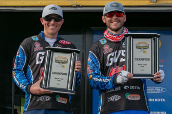 Lucas Murphy and Mitchell Gunn of Grand Valley State University win the Carhartt Bassmaster College Series at Smith Lake presented by Bass Pro Shops out of  Cullman, Ala., with a three-day total of 52 pounds, 7 ounces.  Photo by Chris Mitchell/B.A.S.S.