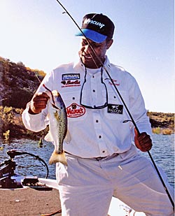 This is Marc Townsend with a fish on an old Westy worm — a super floater rigged on a small jig head, with second hook tied on near the tail.