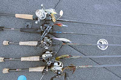 Missouri guide Jim Dill's five lure choices for early spring bass are (top to bottom) a spinnerbait, crankbait, suspending stickbait, tube bait, and jig. 