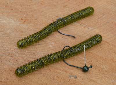 The wacky rig is deadly when bass swim around cover in shallow water. While no weight creates the best action, a weighted hook will help when bass swim slightly deeper, or wind hampers casting. Photo by Pete M. Anderson