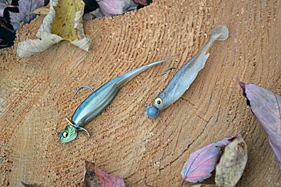 The meat of a jig and minnow is a soft-plastic lure. Dipping and diving jerkbaits with forked tails and throbbing swimbaits with kicker tails both work. Photo by Pete M. Anderson