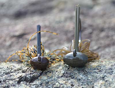 Jigs are defined by the shape of their head. Arkie, left, and football heads work best in cold water. The latter’s weight is concentrated in front and below the line tie, helping it sink straight to the bottom and stay there. Photo by Pete M. Anderson