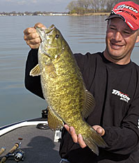 Guide Jerry Gostenik with a pig smallmouth. Late fall is the best time to catch trophy fish.