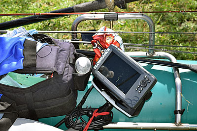 The carrying capacity of a kick boat may be deceiving at first glance. Many can carry up to 450 pounds. That’s plenty of room for an insulated cooler, which acts as a livewell, and a small battery to power its pumps and aerator along with running lights and a fish finder. Photo courtesy of Jeff Wilson