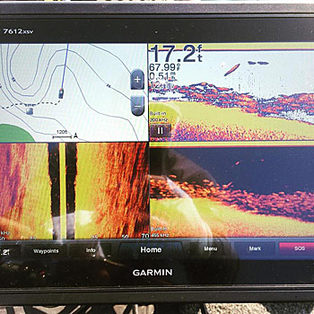 Fishing electronics are evolving. They include, clockwise from upper left, GPS, traditional sonar, down scan and side scan. Bassmaster Elite Series Angler Paul Mueller used one of Garmin’s latest developments, Panoptix, to land a top-five finish at the series’ Toledo Bend Reservoir stop in May 2016. It gives a real-time look at what is happening underwater in front of his boat. Photo courtesy of Paul Mueller.