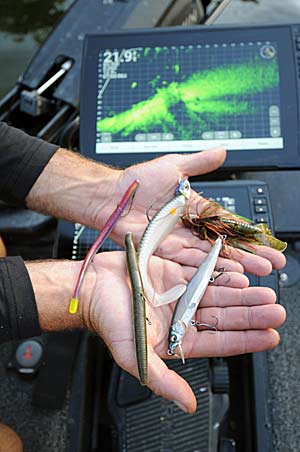 Casey Scanlon's top five lures for tracking with forward-facing sonar are a finesse worm on a drop shot, Neko-rigged stickworm, swimbait, jig, and jerkbait.