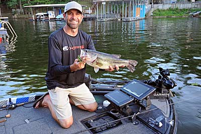 Touring pro Casey Scanlon caught this summertime bass on a jig he tracked with his Garmin forward-facing sonar equipment.