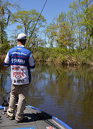 Shallow-water cover along the bank is a prime place to flip and pitch, but both techniques can be used in deeper water offshore. Photo by Pete M. Anderson