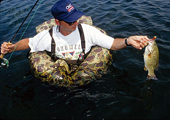 Kicking around in a float tube is a great way to target bass with a fly rod.