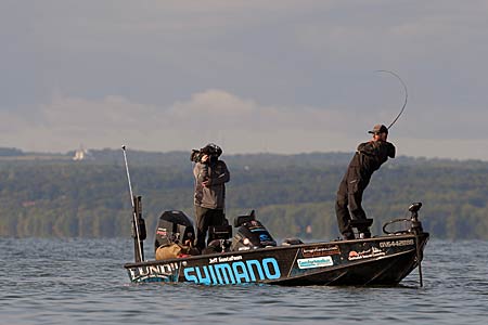 Linked to a GPS, new generation trolling motors excel at holding a boat preciously over deep-water spots. And Bassmaster Elite Series angler Jeff Gustafson said their integration of sonar and scanning technology only makes fishing off-shore hot spots easier. Photo courtesy of B.A.S.S. / Seigo Saito