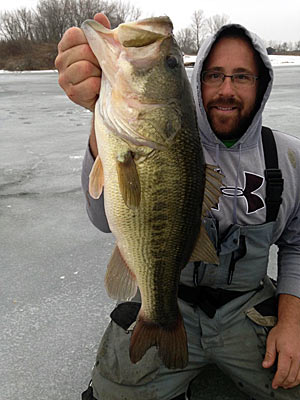 Ice fishing isn’t a slow pursuit for Illinois angler Nate Herman. He’ll punch upward of 100 holes during a day on the ice, moving from one to the next in search of active bass. Photo courtesy of Nate Herman