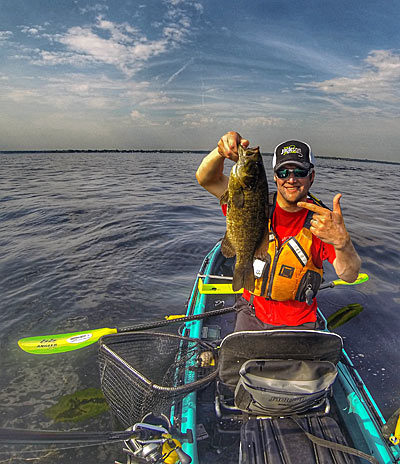 For kayak angler Noah Heck, open water offers the promise of untapped fishing for giant smallmouth bass. Getting to them — and home again — requires preparation and specific approaches. Photo courtesy of Noah Heck