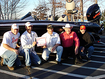 Ryan Newman (left), Tony Stewart (right), Forrest Wood (second from right) with Brian Morgan (2nd from left) and Michael Fox, the grand prize winners of the Ryan Newman Foundation Fishing Tournament