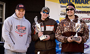 2008-Celeb-Tourney-Winners: NASCAR driver Ryan Newman (left) with winners of the Ryan Newman Foundation Celebrity Big Fish Contest, Nick Case (center) and Martin Truex, Jr. (right).   Photo Credit: Brad Bolton, Hindsight Photography