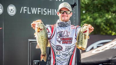 FLW Tour pro Shane Lehew matches the profile of the swimbaits on his umbrella rig to the forage in the lake that he is fishing. On his home waters of Lake Norman in North Carolina, where threadfin shad are plentiful, he chooses small ones, about 3 inches in length. Photo courtesy of FLW Outdoors / Charles Waldorf