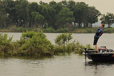 Bass are attracted to flooded cover. Bassmaster Elite Series angler Brandon Card used Texas-rigged soft-plastic lures and jigs to pull enough bass from it to finish second at the 2016 BASSFest. Photo by B.A.S.S./Seigo Saito