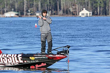 Bassmaster Elite Series angler John Crews said bass are baitfish oriented in winter. So, he uses his electronics to search for schools of shad. He prefers smaller pods, which concentrate bass. Photo courtesy of B.A.S.S. / Gary Tramontina