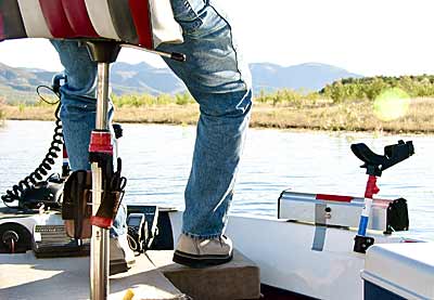 This is the bow of a buddy's boat. He's got tools on the seat pole and he's got his UV fishing light taped on in case the suction cups let go -- it happens.