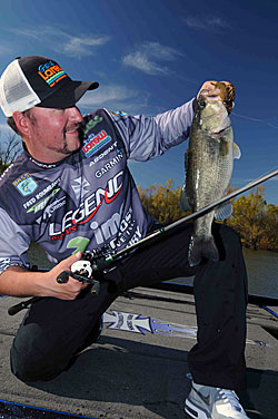 When fishing in the wind on lakes with a good crawfish population, Fred Roumbanis relies on a Gene Larew Biffle Bug to catch bass in the rocks.