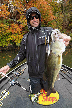 Bass tend to be more aggressive on rainy days so Casey Scanlon relies on moving baits such as spinnerbaits to trigger strikes.