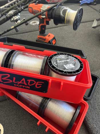 The Blade Coffin is a sturdy box designed for jigs and spinnerbaits but is an excellent way to store line and spool efficiently.