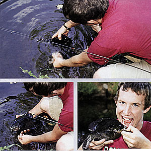 Top: Bend down, wet your hands and lift the fish properly. Bottom, left: This is a good way to handle sunfish such as this bluegill. Both hands wet! Bottom, right: Ethan Lovelace shows a good way to pose a fish for a photo. At least his hands are wet.