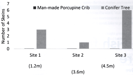 Figure 3. Number of Yellow Perch skeins on man-made porcupine cribs and adjacent conifer trees at three sites, Fancher Pond, Summit, NY, Spring 2022.