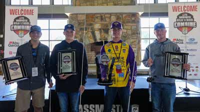 Lane King of Harrison, Ark., (Casting Distance), Justin Frey of Landisburg, Pa., (Casting Accuracy), Levi Thibodaux of Thibodaux, La., (Overall) and Kyle Smith of Richland, Mich., (Knot Tying) took home awards at the inaugural Abu Garcia Bassmaster High School Combine. 