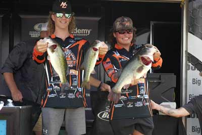 Connor Mason and Archer Reese, of Meigs County High School, are leading after Day 1 of the Mossy Oak Fishing Bassmaster High School National Championship presented by Academy Sports + Outdoors with 15 pounds, 5 ounces. Photo by Emily Hand/B.A.S.S