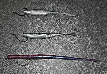 Top - 3" Jerk Bait Mid - Big Bite Baits 3.75" Jointed Jerk Minnow Bottom - Power Shot Big Bite Baits Shaky Squirrel Worm