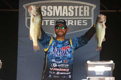 Brandon Lester of Fayetteville, Tenn., is leading after Day 3 of the 2022 Whataburger Bassmaster Elite at Pickwick Lake with a three-day total of 63 pounds, 3 ounces. Photo by Seigo Saito/B.A.S.S.