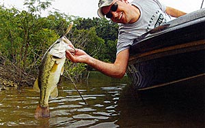 This bass was caught in shallow, murky water on a topwater bait in fall.