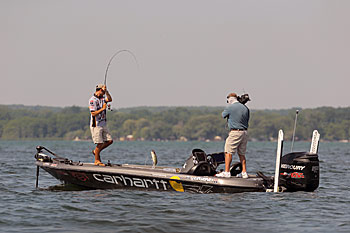 Jordan Lee proved that typical finesse techniques, such as drop shots, can be fished in atypical situations, such as thick aquatic grass, at the 2016 Bassmaster Elite Series stop at Cayuga Lake in New York. Photo courtesy of B.A.S.S. / Seigo Saito