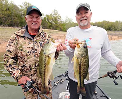 Tournament partners Scott Pauley (left) and Gayle Julian downsize their football jigs to catch pressured bass.