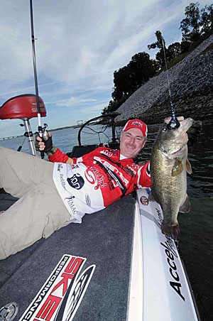 A Texas-rigged soft plastic bait such as the Strike King Rage Craw produces best for Mark Menendez when he is flipping or pitching.