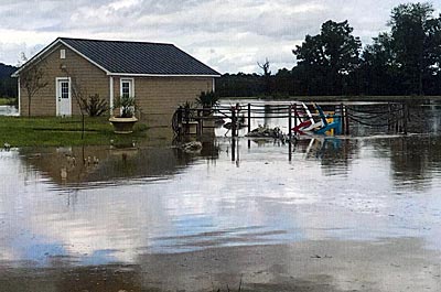 Virginia four-acre pond with water over its dock