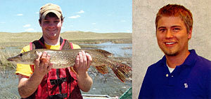 Undergraduate student Kris Stahr (L) and Ph.D. student Mark Kaemingk (R) will use the 2011 Jesse West proceeds to study bluegill nesting ecology in sandhill lakes. Both Kris and Mark helped run the silent auction to benefit the Jesse West endowment at Pond Boss IV Conference and Expo.