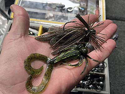 Both skirted jigs and soft plastics rigged on football jigheads are great for wintertime fishing and look just like a crawfish.