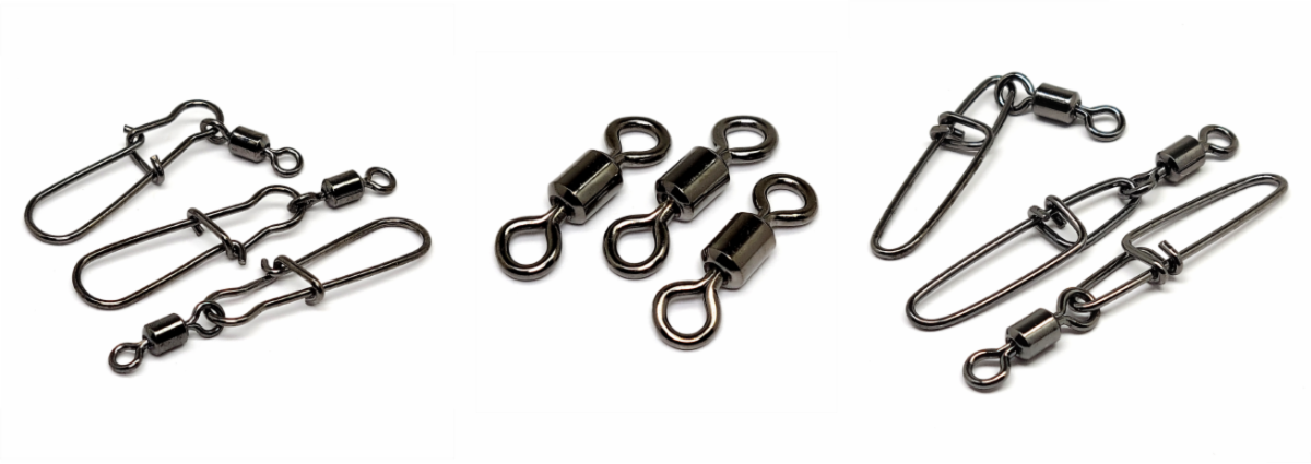 Pictured above (left to right): Duo Lock Snap w/ Superline Swivel, Superline Swivel, Cross Lock Snap w/ Superline Swivel