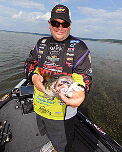 Swimming a jig over the top of the weeds is one of Bill Lowen’s favorite grass presentations.