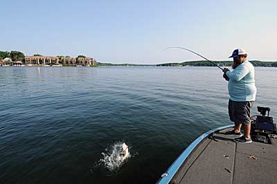 Lawson Hibdon triggers strikes with his homemade hair jig when he wants to activate a school of offshore bass. 