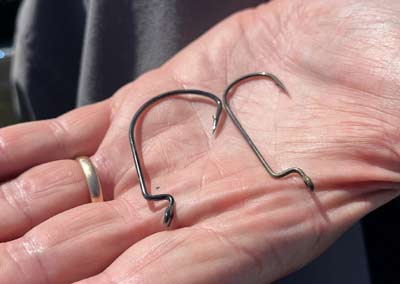 A standard round bend and one with a wider gap will cover most of your bases with soft plastic baits.