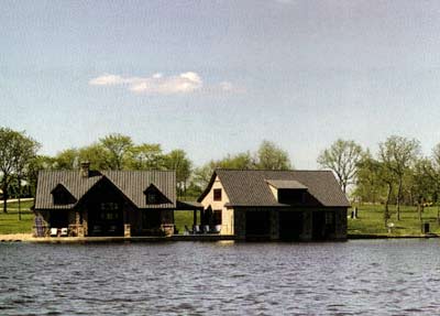 The guest house and adjacent boathouse are a gathering place to enjoy the lake.