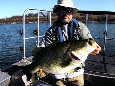 Veteran fisheries biologist Paul Dorsett shows off a massive Florida strain largemouth bass in a lake he helps manage
