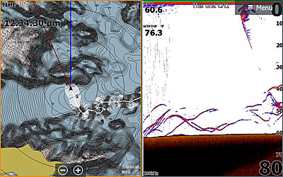 A split-screen view of live mapping and 2D sonar, as shown on a Lowrance HDS unit.