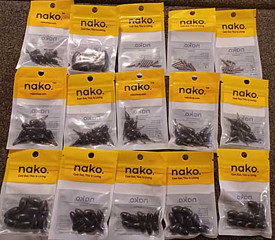 A variety of Nako tungsten fishing weights.