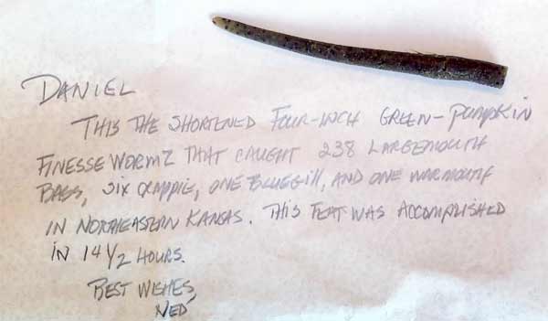 Ned Kehde's hand-written note and a well-worn bait, 238 bass later.