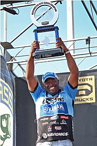 Ish Monroe celebrates victory in the Power-Pole Slam Elite Series tournament on Lake Okeechobee, Fla.