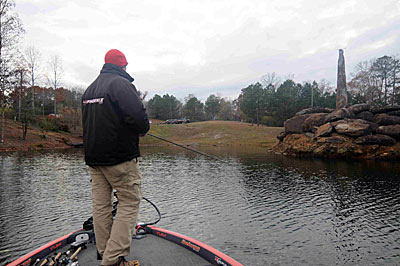 Slowly reeling a single paddletail swimbait along a rocky bottom is one of Jimmy Mason’s most productive winter techniques.